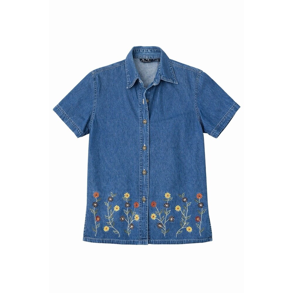 Vintage Denim Embroidered Floral Button Front Cottagecore Short Sleeve small MPR